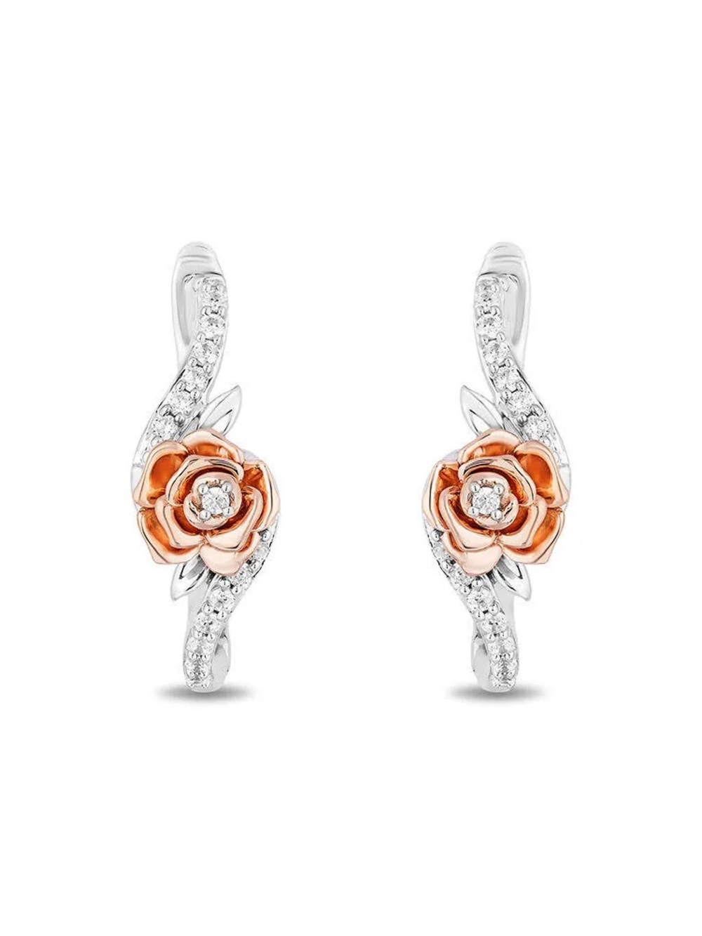 Disney Belle Rose Gold Flower + Sterling Silver Hoop Earrings